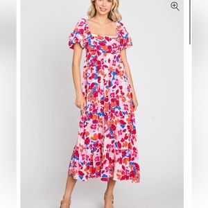 Fuchsia Floral Square Neck Short Puff Sleeve Midi Dress